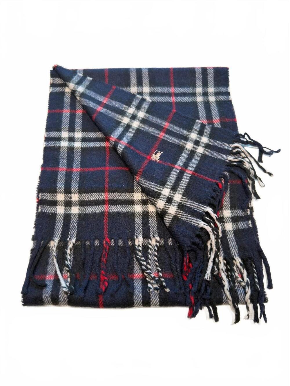 Vintage Burberry Burberrys Navy Red White Plaid Check Scarf 0289